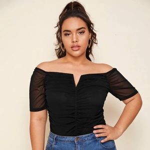 V-Cut Neck Sheer Mesh Bardot Top